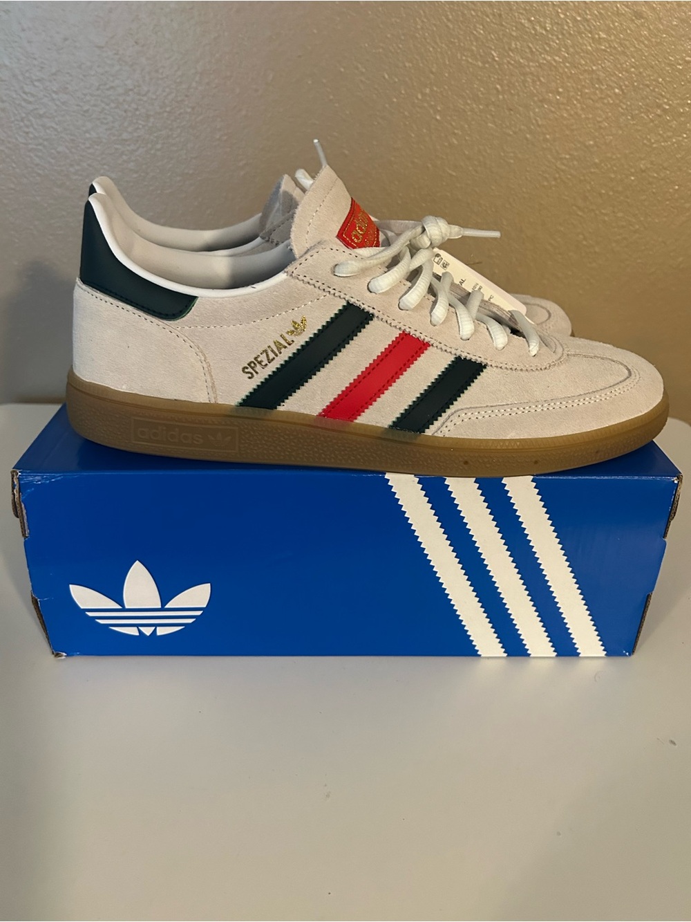adidas Mexico Spezial White Suede Sneakers with Green & Red Stripes on Gum Sole